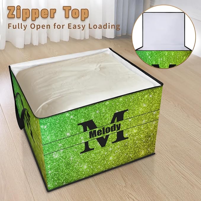 Custom Extra Large Storage Baskets with Name Initial Letter, Personalized Storage Bins Basket Boxes for Clothes Blanket Bedroom Closet Organizing Toys Shelves, Bright Green Sequins Glitters