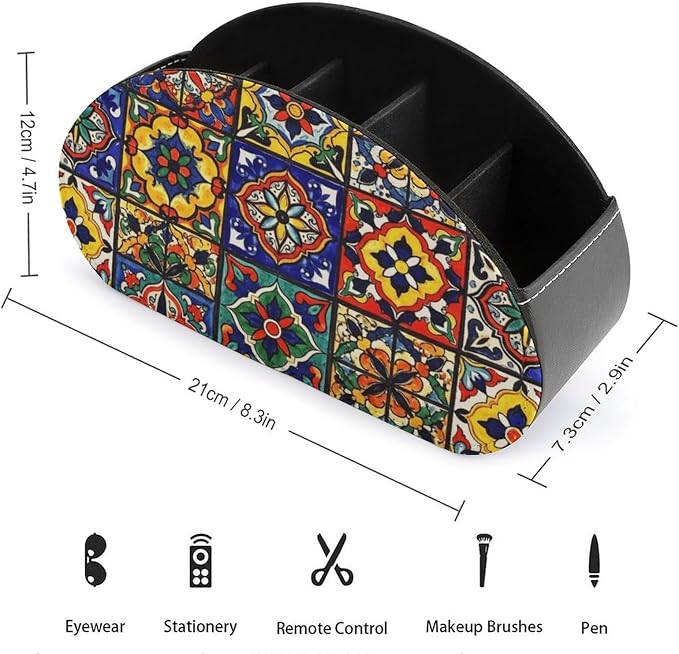 Desktop Remote Control Holder Mexican Talavera Tile Storage Cup Caddy Box | Table Desk Organizers with 5 Compartments, Mexican Talavera Tile Colorful Floral Mexican, Multi-functional Office Supplies