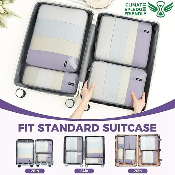 BAGAIL Lightweight Compression Packing Cubes for Travel, 6 Set,Dusty Purple | Salis Nylon Fabric,Anti-Tearing,Save Space,SBS Zippers,Packing List,PVC Tag Pocket,Custom Labels,Visible Mesh,Portable Handel