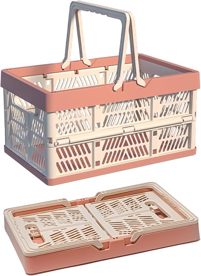 Collapsible Plastic Storage Crate - 20L Folding Organizer Basket Portable Stacking Storage Crate Bin with Handle, for Camping, Picnic, Car Trunk, Home Storage (Pink, M)