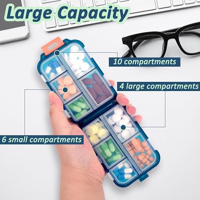 2 Pack Pill Organizer Travel Case - 10 Compartments Portable Medicine Container with 330 Labels, Double Lock Design (Blue & Chocolate, 2 Boxes)