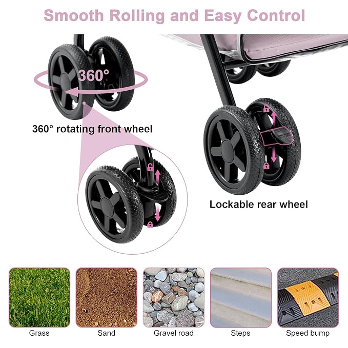 Double Pet Stroller for 2 Dogs & Cats, Double-Decker, Pink | One-Hand Fold Two-Tier Stroller with Separate Cabins, 44 lb Capacity, 4 Tethers, Locking Front Wheels and Rear Brakes