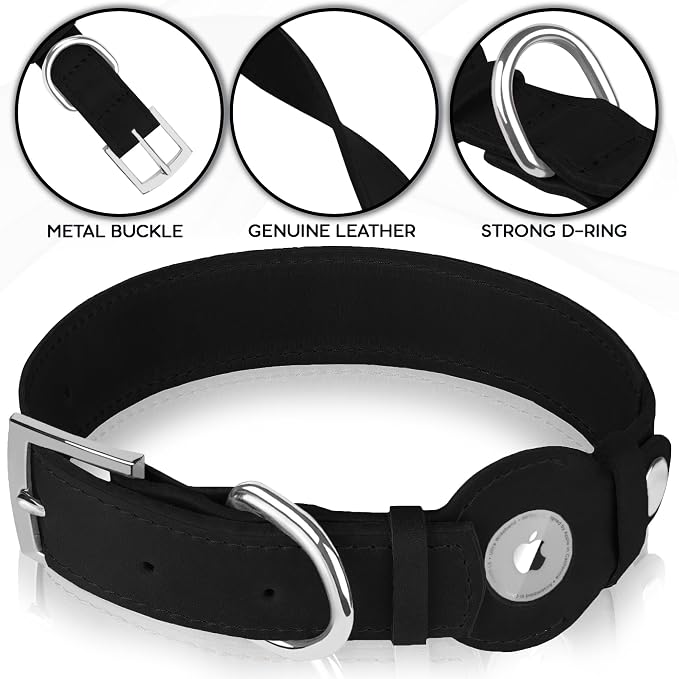 Leather Dog Collar with Airtag Holder - Apple Air Tag Dog Collars - Soft Tracking GPS Pet Collar for Small Medium Large Dogs Breed Puppy (Black, L, 15"-19" Neck Fit)