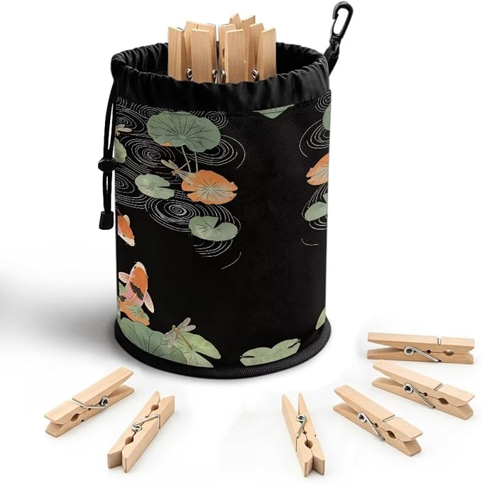 Clothespin Holder with Drawstring, Lotus Leaf Dragonfly Portable Laundry Peg Bag Organizer, Storage Pouch for Clips, Ideal for Drying Rack, Camping Trips, Dorm Room