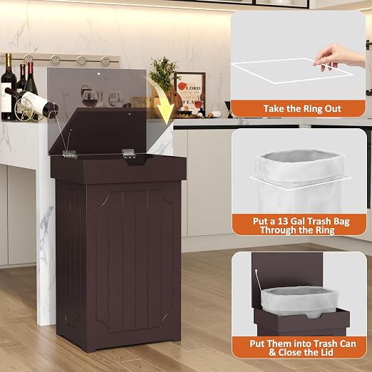 Function Home Trash Can Cabinet, 13 Gallon Kitchen Garbage Can, Wood Recycling Trash Bin, Freestanding Dog Proof Trash Can, Farmhouse Trash Cabinet with Lid for Home Kitchen Bathroom, Coffee