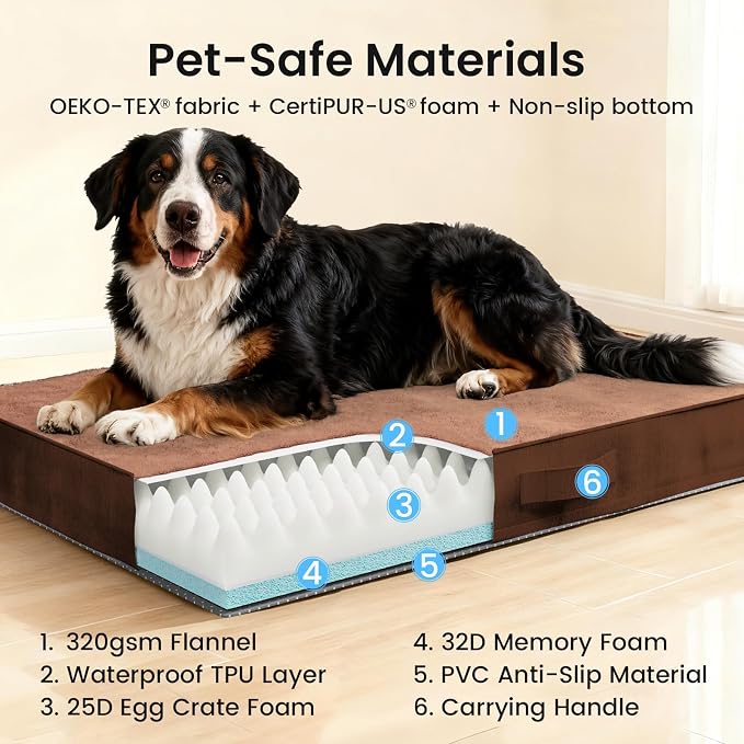 OhGeni Orthopedic Waterproof Large Dog Bed, Memory Foam, 47 inch(Brown) | Machine-Washable Removable Cover in Easy-Clean Fabric, Reversible Memory Foam & Easy-Carry Handle, Suitable for Crate