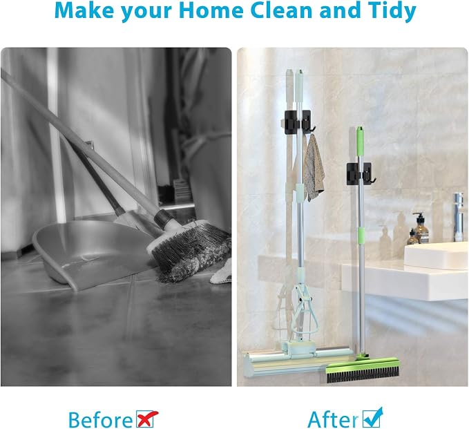 homeasy Broom Holder Wall Mount 6Pcs, Self Adhesive Mop Broom Hanger Black | Self adhesive stainless steel broom organizer with 4 hooks, holds mops, brooms and garden tools without drilling