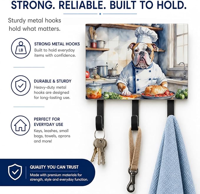 Caroline's Treasures American Bulldog The Chef Leash or Key Holder Wall Hooks, Key Hooks Holder, Coat Rack Wall Mount, Coat Hooks, Hooks for Hanging Keys, Towels, Aprons, Leashes | American Bulldog The Chef artwork on ceramic tile with three steel hook...