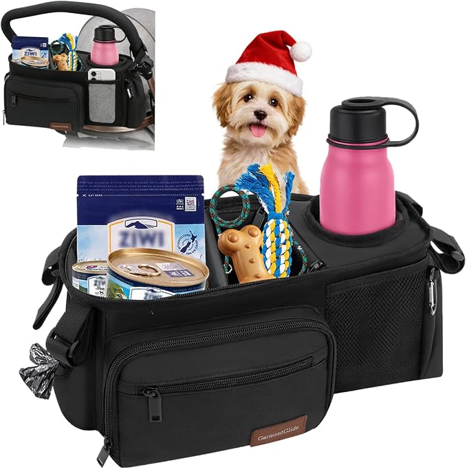 Dog Stroller Organizer Bag, Pet Stroller Caddy with Insulated Cup Holder | Fits 14–19" Handles, Treat Pocket, Poop Bag Dispenser & Multiple Pockets for Dog Stroller Accessories, Dog Mom Gift Ideas