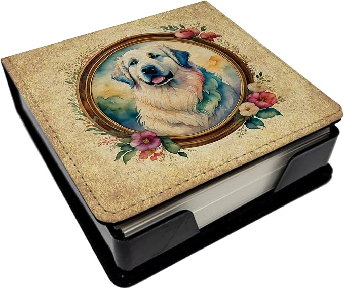 Caroline's Treasures Great Pyrenees and Flowers PU Leather Note Paper Holder with Artist-Designed Cover, Desk Accessory, Office Gift