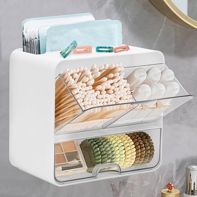 Qivine Tampon Holder for Bathroom Wall, Feminine Product Organizer Wall Mounted Tampon Dispenser, Pad Dispenser Wall Mount Pad and Tampon Organizer With Drawer and Lid No Drilling Installation