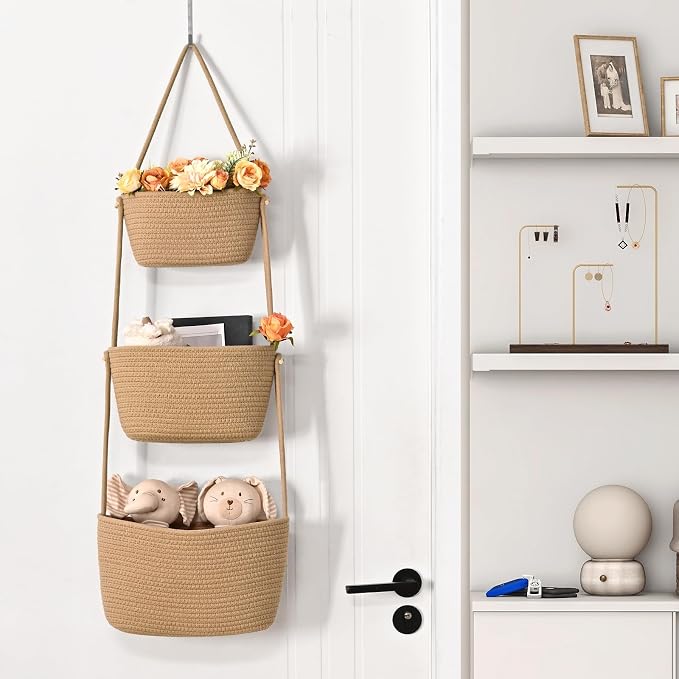 Hanging Basket, 3-Tier Woven Wall Basket with 4 Hooks, Cotton Rope Storage Baskets, Over the Door Organizer for Nursery, Bedroom, Cottage and Boho Wall Decor