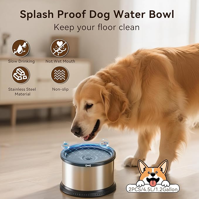 2PCS Dog Water Bowls for Multiple Pets, 4.5L/152oz No Spill Stainless Steel Slow Drinking Water Bowls with Anti-Slip Mat, Splash Proof Pet Bowl for Sloppy Messy Drinkers, Medium Large Dogs