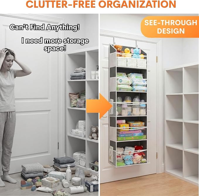 5Tiers Over Door Organizer, Weekly Clothes Organizer for Kids | 5 clear PVC front pockets, 10 mesh side pockets, weekly outfit planner, for kids, dorm, entryway, RV, 50 lbs capacity