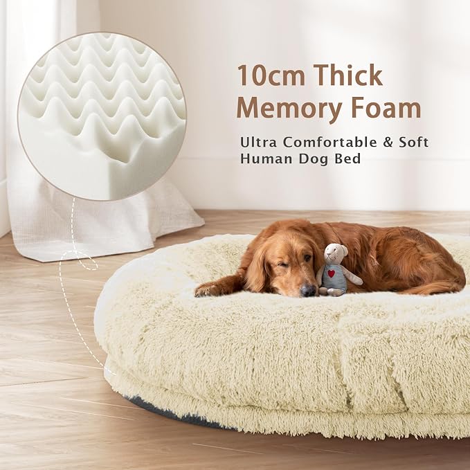ROOMTEC Human Dog Bed, 71''x45''x12'' Size Fits Adult and Pet Washable Giant People Bed 10 CM Thick Memory Foam Large Oversize Pet Bed with Plump Pillow, Blanket, Strap - Beige