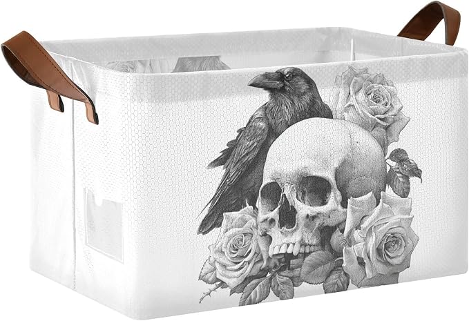 Crow Roses and Gothic Skull Storage Basket Foldable Cube Storage Bins with Handles&Label Waterproof Collapsible Organizer Box Bin Large Rectangle Decorative Baskets for Shelves Home Room Laundry