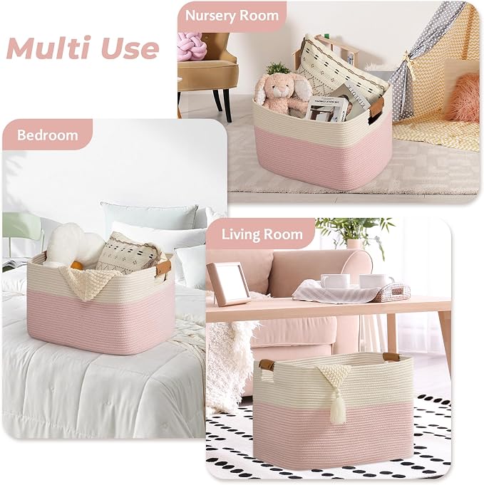 danpinera Large Woven Basket 25’’*16’’*16’’ Rectangle Woven Baskets for Storage, Storage for Living Room, Soft Cotton Rope Basket With Handle, Large Basket for Kids Dog Toys, 108L Pink+White