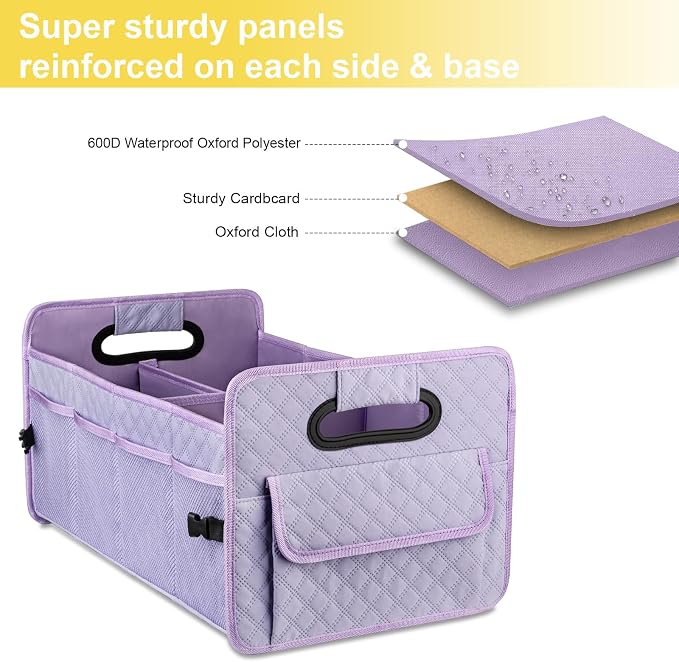 Car Trunk Organizer for SUV, Collapsible Car Storage Organizer Light Purple | Sturdy, Large Capacity, Diamond Decor, Multi Compartment Container Box Adjustable Car Accessories for Sedan Truck