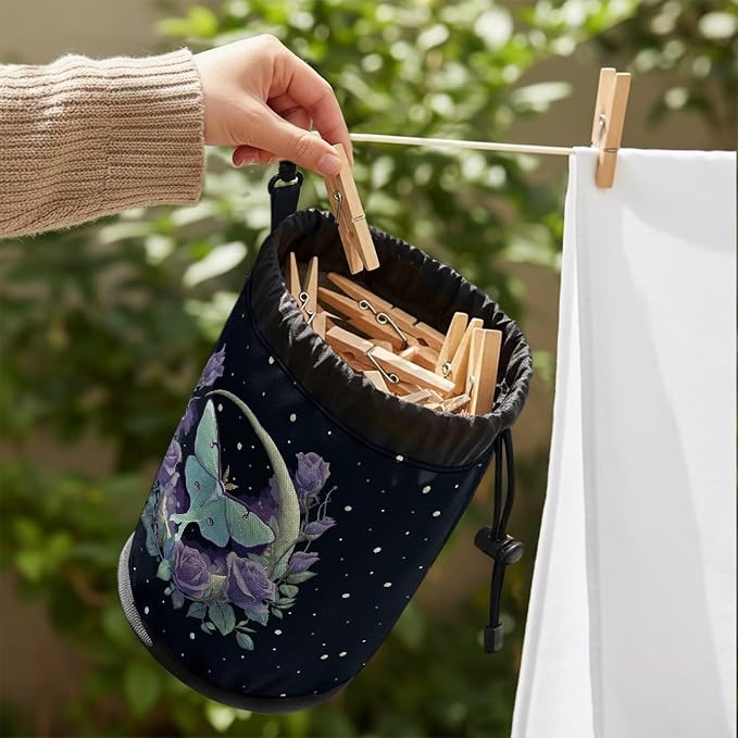 Clothespin Bag Holder Outside, Starry Night Moon Rose Multiple Hanging Methods Clothes Pin Bag with Drawstring Closure, Ventilation Clothespin Storage Organizer with Hooks