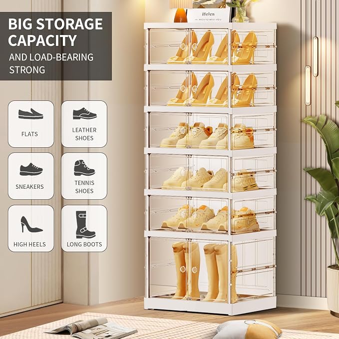 CIMLORD 6-Tier Foldable Shoe Rack, Magnetic Clear Doors, 12 Pairs, White | Collapsible Narrow Plastic Shoe Cabinet, Stackable, Lidded, Tool-Free Assembly, Fits Boots & Sneakers, Closet & Entryway