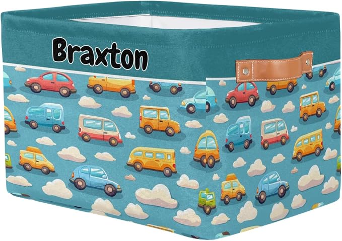 Custom Storage Baskets for Kids with Name, Large Foldable Organizer Collapsible Storage Bin with Leather Handle for Home Toys Closet Nursery, Colorful Bus Taxi Clouds