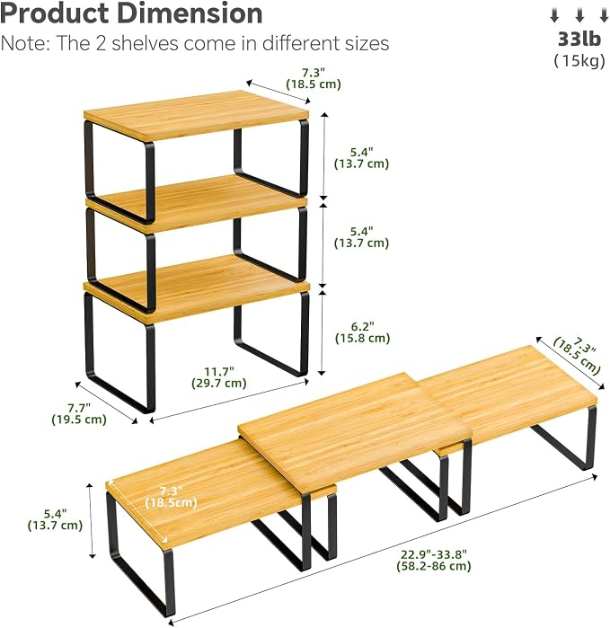 Simple Trending Bamboo Cabinet Organizer Shelf, Set of 3 Kitchen Counter Shelves, Stackable Expandable Spice Rack Kitchen Storage, Black and Natural