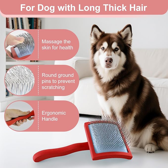 Slicker Brush for Dogs, Slicker Brush for Doodles Long Haired Dog, Goldendoodle Long Pin Detangler for Dematting, Dog Slicker Brushes for Grooming (Large Curved)(Red)