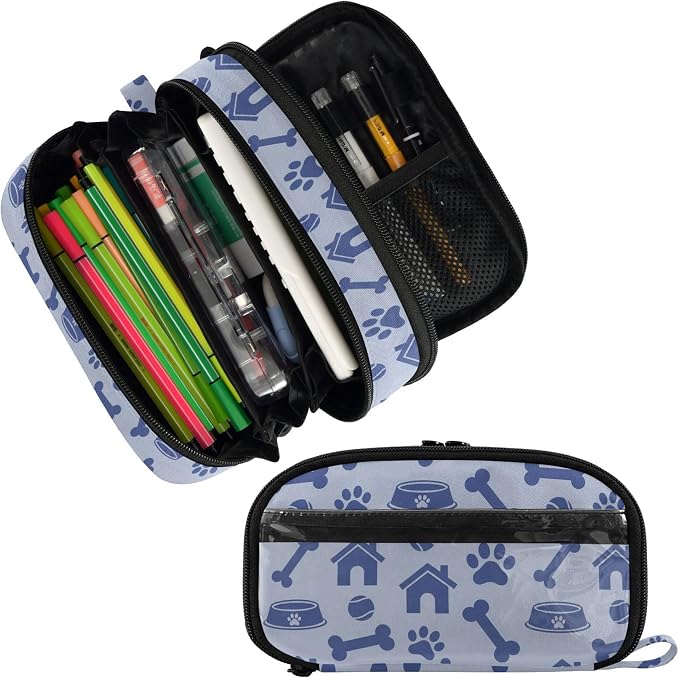 Pet Pawprints Blue print Large Capacity Pencil Case with Zipper Water Resistant Portable Organizer Pen Bag for School Students Office