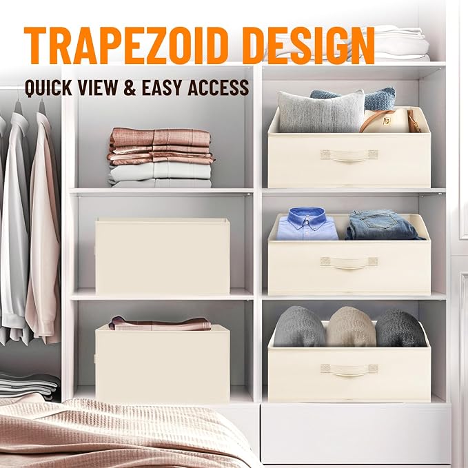 Closet Organizers Bins 6 Pack - Large Closet Shelf Organizer with Handles - Fabric Trapezoid Home Organization and Storage Baskets for Organizing Clothes Toy Blanket Towel Purse Hats