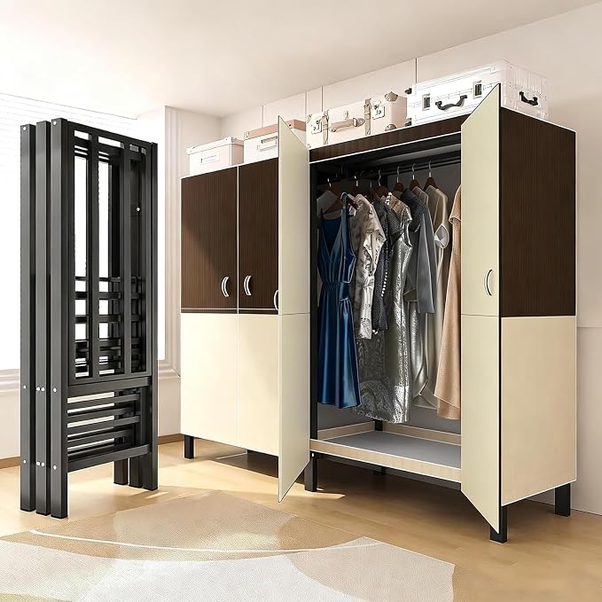Heavy Duty Clothes Rack with Cover & Magnetic Doors, 1500lb Portable Wardrobe Closet - Foldable Garment Rack for Bedroom, Large Storage for Hanginng Dresses Jackets (Brown, 70.8IN)