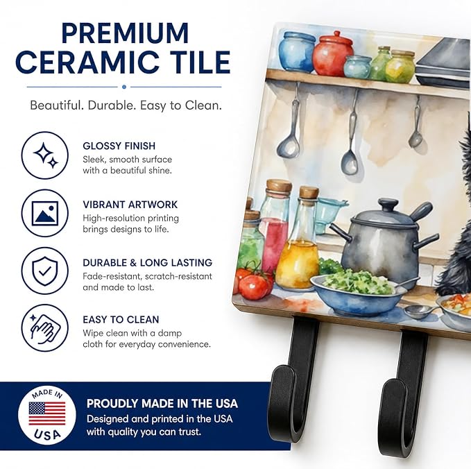 Caroline's Treasures Cairn Terrier The Chef Leash or Key Holder Wall Hooks, Key Hooks Holder, Coat Rack Wall Mount, Coat Hooks, Hooks for Hanging Keys, Towels, Aprons, Leashes | Cairn Terrier The Chef artwork on ceramic tile with three steel hooks for ...