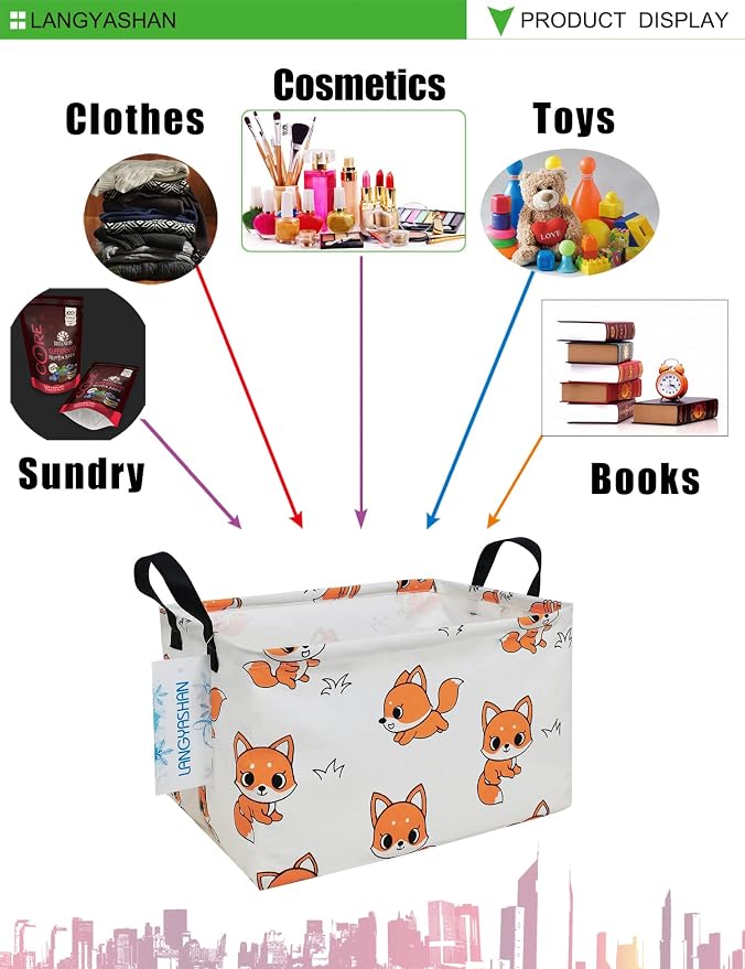 Rectangular Collapsible Storage Basket Nursery Organizer Fox | Storage Bin Foldable Canvas with Handles for Organizing Home Kitchen Children Toys Office Closet Shelf Baskets