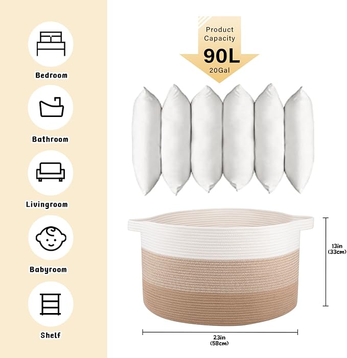 OIAHOMY 90L Extra Large Blanket Basket - Decorative Cotton Rope Storage Basket for Bedroom, Living Room & Nursery - Woven Laundry Hamper for Organizing Blankets, Clothes & Toys - Gardient Light Brown