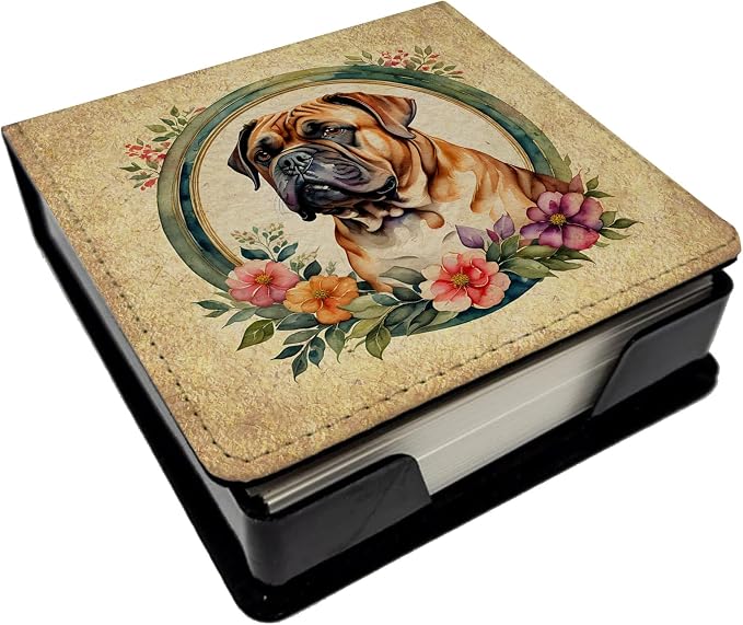Caroline's Treasures Dogue de Bordeaux and Flowers PU Leather Note Paper Holder with Artist-Designed Cover, Desk Accessory, Office Gift