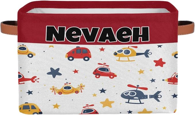 Custom Name Storage Bin, Personalized Rectangular Storage Basket with Handles for Organizing Boys Girls Toys Office Closet Shelf Baskets, Cartoon Cars Helicopters