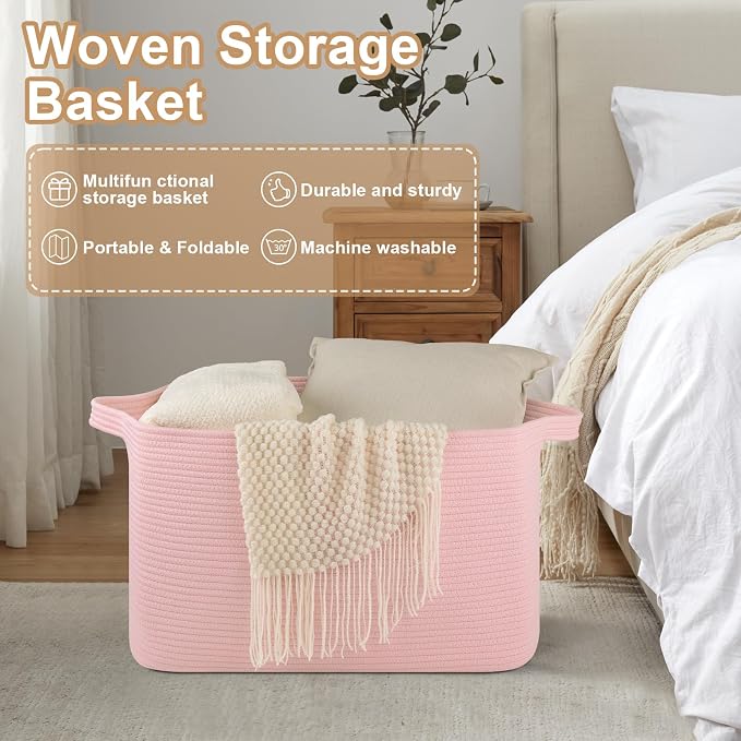 OIASKET 95L Extra Large Blanket Basket, 24" x 16.9" x 14.2" Woven Storage Basket for Living Room, Rectangle Nursery Blanket Storage for Toys, Towels, Dirty Clothes (Pink)