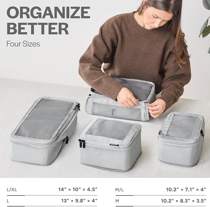 Compression Packing Cubes for Travel, 4-Pack, Light Grey | Solves overpacking, 4-Piece set fits most carry-ons, 50% Space savings, Compression luggage organizer bags