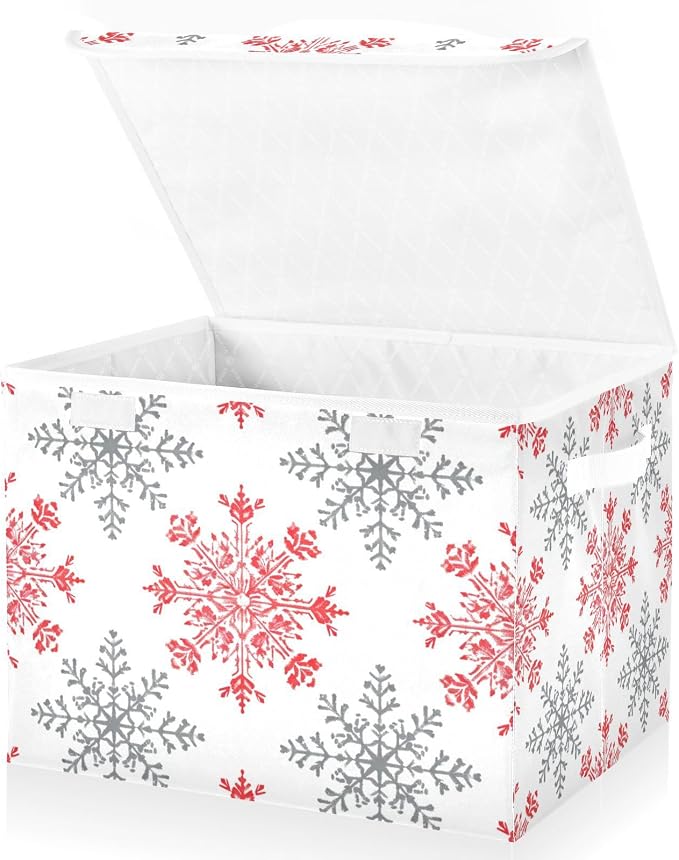 senya Christmas Baskets Collapsible Storage Bins with Lids, Snowflakes Red Gray Storage Boxes Clothes Baskets for Organizing