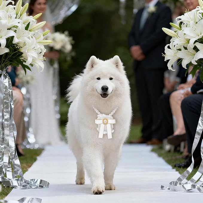 UKCOCO Dog Ring Bearer Collar with Box – 11.8" Pearl Ring Holder, Velvet-Lined Secure Clasp, Lace & Pearl Wedding Prop for Small Dogs & Cats