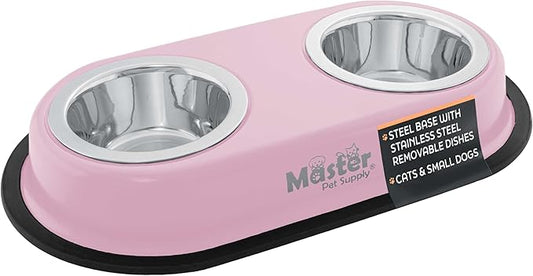 Master Pet Supply Double Dog Bowls Set with Elevated Base and 2 (8 oz) Stainless Steel Removable Dishes (Rose Quartz) – Double Cat Food Water Bowl, Dog Puppy Food Bowl Set, Rust Resistant