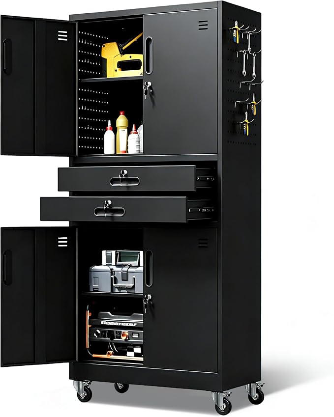 Metal Storage Cabinet for Garage, Tool Cabinet, Utility Cabinet | with Wheels, Tall Tool Cabinet, Lockable, 4 Doors,2 Drawers, Adjustable Shelves, Pegboard, Assembly Required, Black