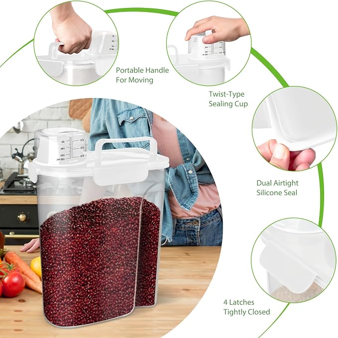 Viretec Rice Storage Container, 5 to 10lb Dry Food Airtight Dispenser, Pet Dog Cat Food Canister, BPA Free Clear Plastic Kitchen and Pantry Organization Bin for Oatmeal, Cereal, Pasta, Flour White