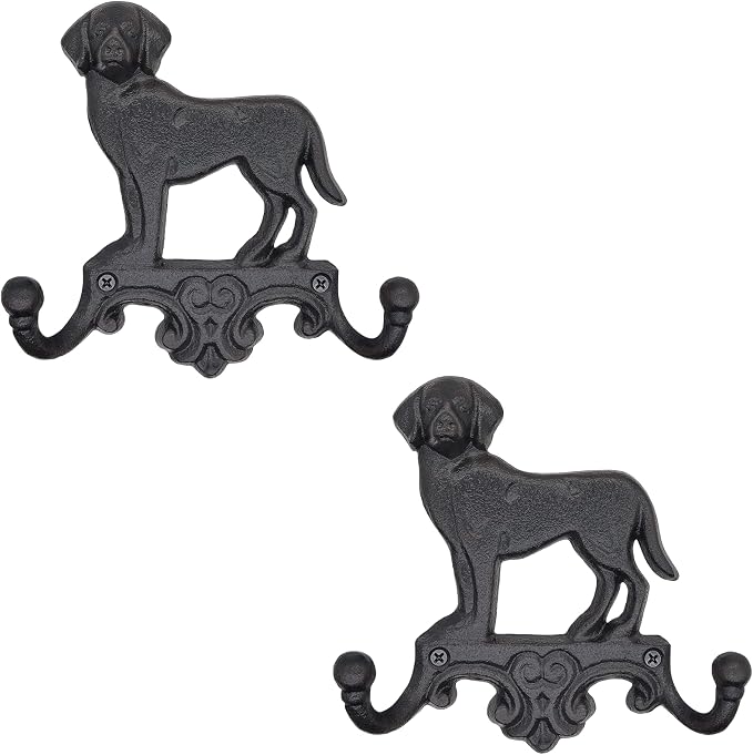 Cast Iron Dog Wall Hooks for Hanging, Heavy Duty Dog Leash Holder for Wall Mount Coat Hooks Decorative Key Hanger Vintage Farmhouse Entryway Cute Animal Decor Rustic Black 2 Pack