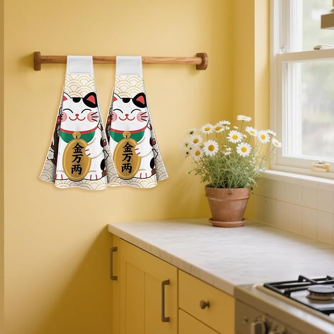CUTHOLLOW Japanese Lucky Cat Hanging Kitchen Towels with Loop, Set of 2 - Soft & Super Absorbent Microfiber Decorative Hanging Dish & Hand Towel, Tea, Coffee Towel for Kitchen Bathroom Oven Handle