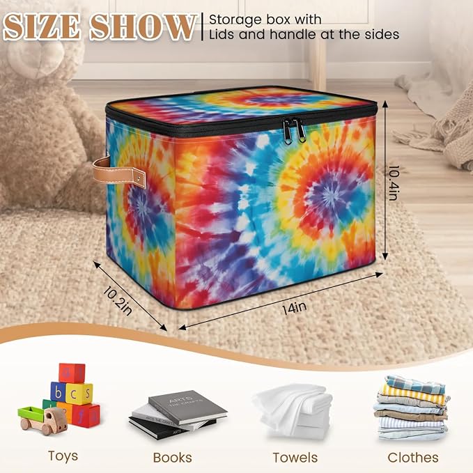Pardick Storage Bin Rainbow Tie Dye Storage Baskets with Zipper Lid & Handle Foldable Closet Shelf Cloth Organizer Basket Cube Bins Clothes Organizer for Nursery, Bedroom