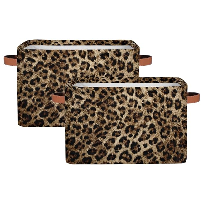 SEULIFE Animal Tiger Leopard Skin Print Foldable Storage Basket, Large Collapsible Organizer Storage Bin Cube Toys Storage Boxes with Handles for Bathroom Kids Nursery Closet Storage, 2 Pack