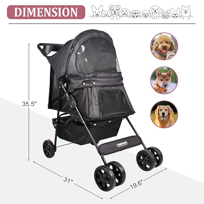 Jespet 4-Wheel Promenade Pet Stroller, Foldable Stroller with Cup Holder | Foldable Dog Stroller, Storage Basket & Cup Holder, Breathable and Visible Mesh for All-Season