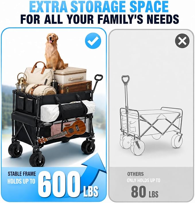 600LB Double Decker Foldable Wagon Cart, 400L Large Storage, Heavy Duty | 50" Extended Collapsible Wagon, Extra Large Collapsible Cart with Wheels for Camping, Fishing, Beach & Outdoor Use