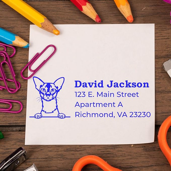 Peeking Colorpoint Shorthair Cat Self-Inking Address Stamp - Custom Stamp | Envelope Stamp with Colorpoint Shorthair Cat Design. Choice of 11 ink colors. Address Stamper for Pet Sitters. 4 lines.