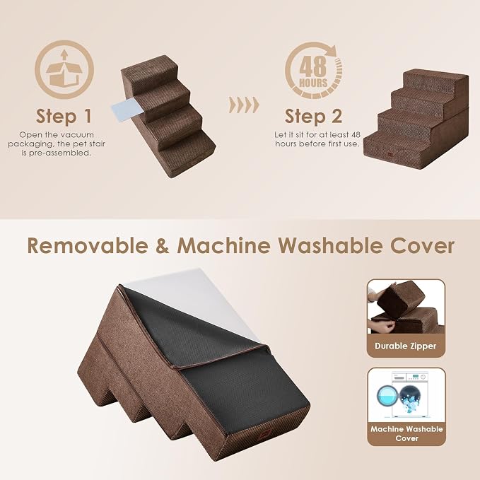 EHEYCIGA Dog Stairs for Bed 20" H, 4-Step Extra Wide Dog Steps, Brown | Pet Steps for Small Dogs and Cats for High Bed, Non-Slip Balanced Pet Ramp Indoor